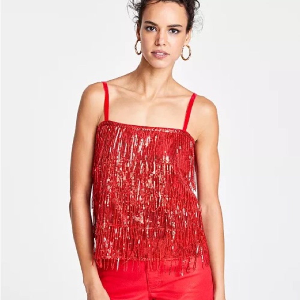 NWT Inc International Concepts Red Sequin Fringe Tank Size S